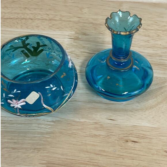 Vtg Signed Moser Art Glass Blue Coral Floral Vanity Jar with Lid Good Condition - Picture 12 of 12